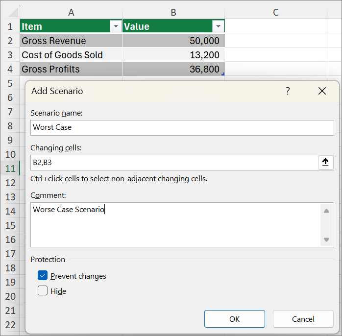 Screenshot that shows the set up a Worst Case scenario.