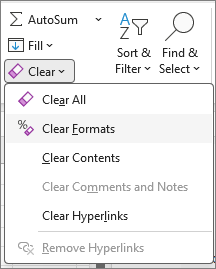 Screenshot of Clear Formats in the Editing group.