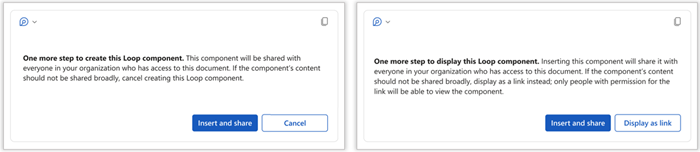 Loop component sharing prompt with options to Insert and share Cancel or Display as link