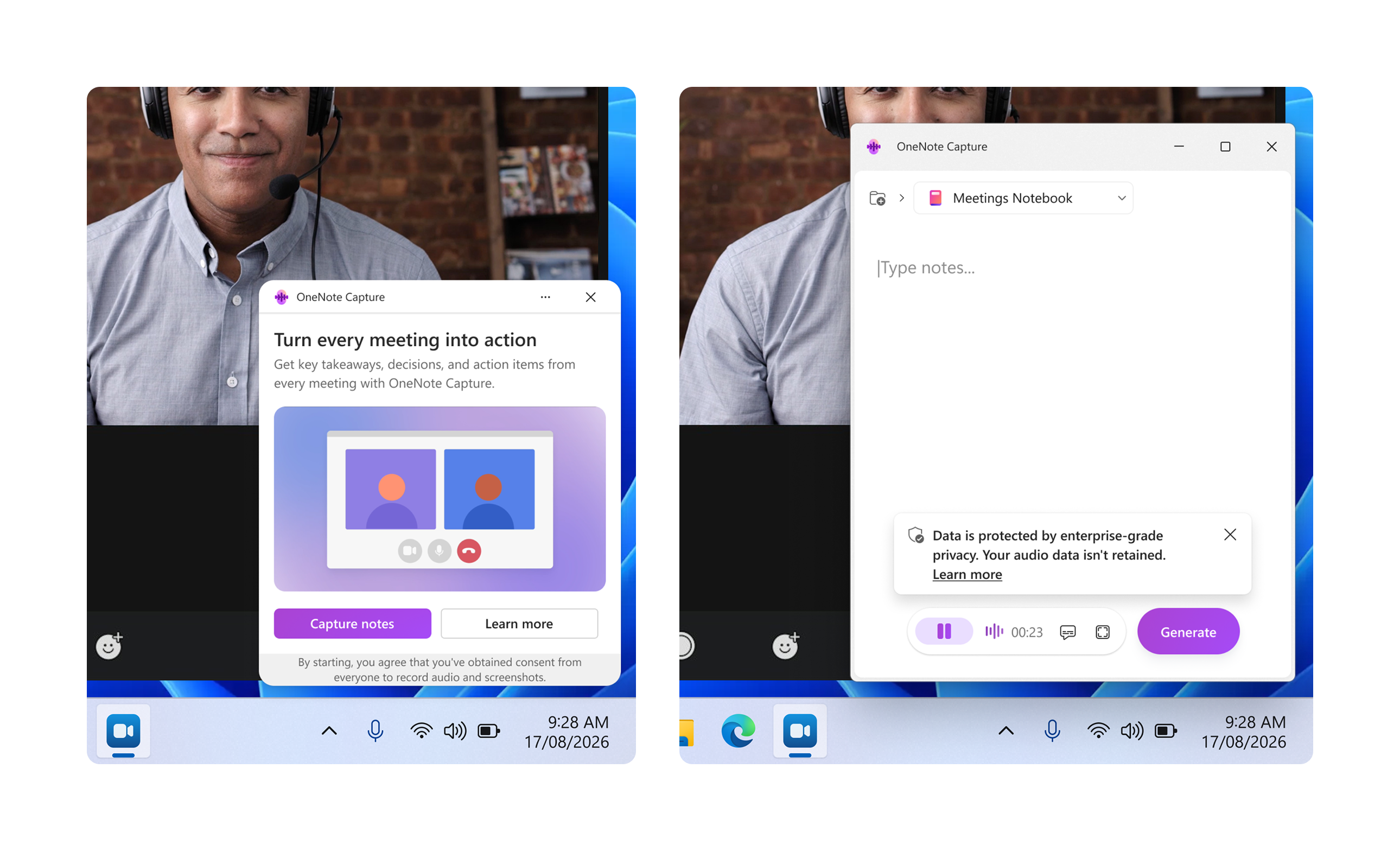 Screenshot of Capture transcribing a third-party meeting on Windows.