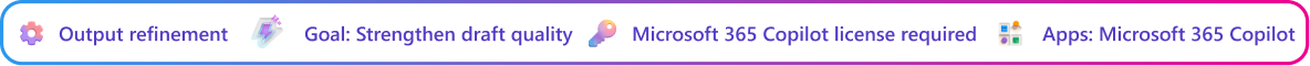Output refinement context card focused on improving a Copilot-generated proposal draft. Goal: Refine proposal draft. Microsoft Copilot license required. App: Microsoft Copilot.