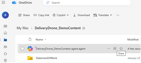 OneDrive showing a selected agent file with the Share option available in the toolbar