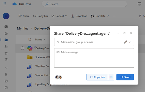 OneDrive sharing dialog showing options to set permissions and send or copy a link for an agent file