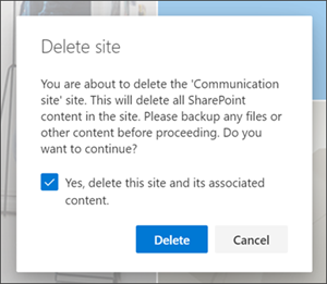 Delete site confirmation dialog box asking to confirm permanent deletion of a SharePoint site