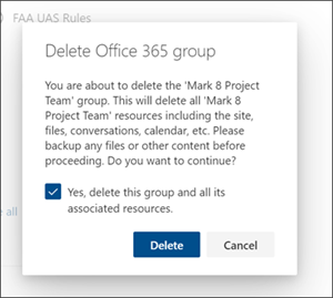 Delete site and all content confirmation dialog box for permanently removing a SharePoint site
