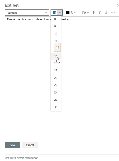 Rich text editor showing text with bold, italic, and bullet formatting options available in a SharePoint list column