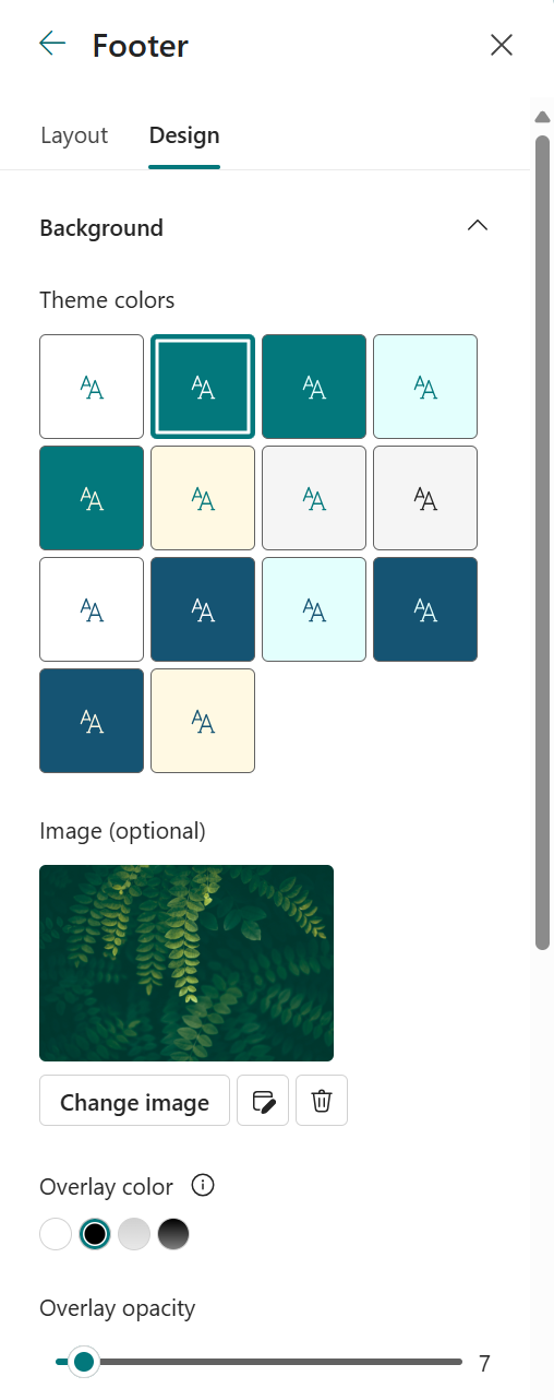 Site footer Design tab in Change the look showing background color picker and image upload options