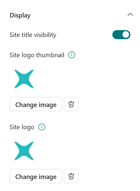 Site header logo settings in Change the look showing logo upload area with size guidance of 64x64 to 192x64 pixels