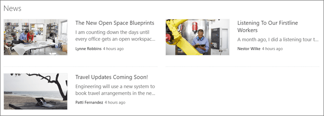 SharePoint News web part view for an HR audience member showing two HR-targeted posts and one non-targeted post