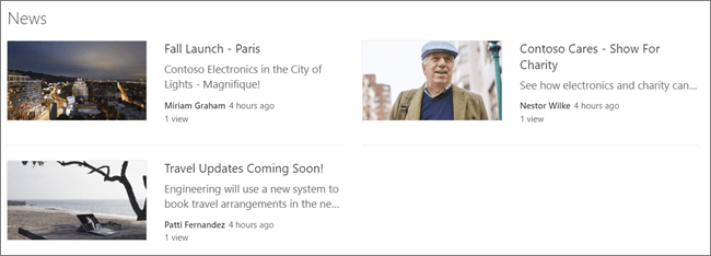 SharePoint News web part view for a marketing audience member showing only the two posts targeted to marketing