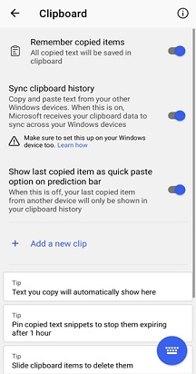 Screenshot of the Clipboard settings.