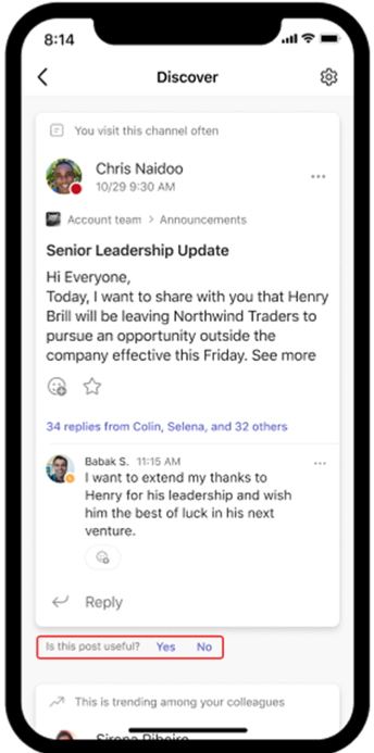 Screenshot showing Teams Discover feed open in mobile