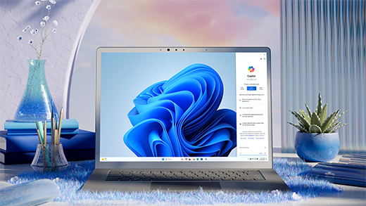 3D illustration showing a laptop with animated, swirling blue design, open to the Windows desktop background.