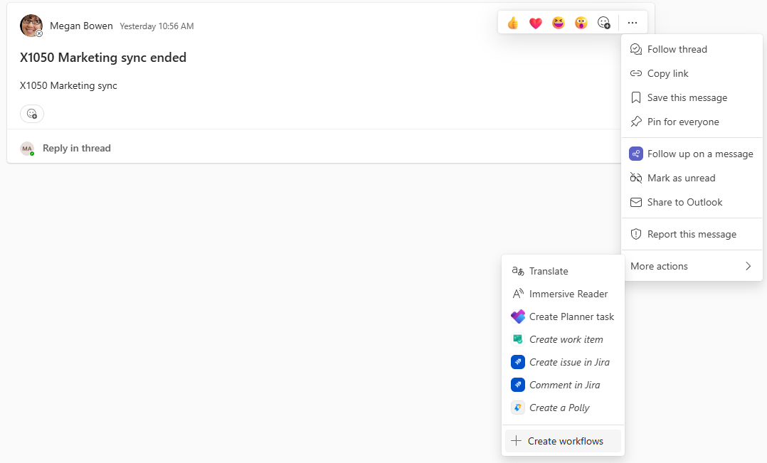 Message action create workflows