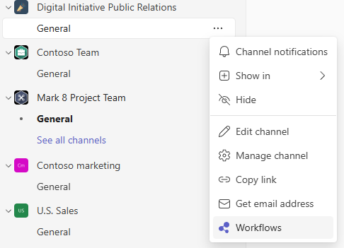 Workflows in channel overflow menu