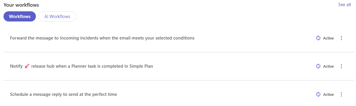 Your configured workflows section within Workflows home page